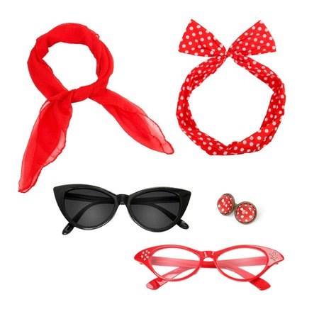 Retro 50's Costume Accessories Set Polka Dot Chiffon Scarf Cat Eye Glasses Bandana Tie Headband & Earrings [1540909535-128864] - $7.36