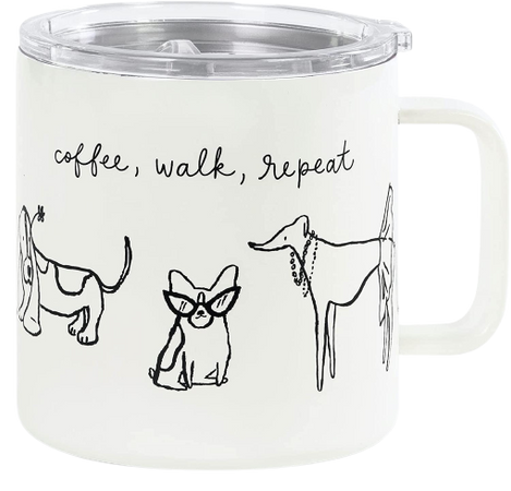 Kate Spade New York Stainless Steel Travel Mug with Handle and Lid, 16 Ounce Coffee Tumbler, Double Wall Insulated Cup, Dog Party