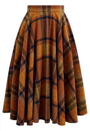 Perfect in Plaid A-Line Wool-Blend Midi Skirt in Pumpkin - Retro, Indie and Unique Fashion
