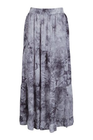 Tie Dye Tiered Woven Maxi Skirt | boohoo grey