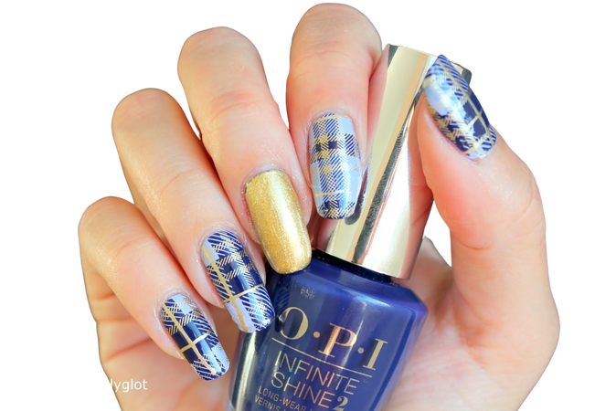 blue gold plaid manicure nails