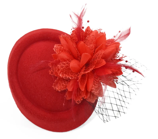Caprilite Red Fascinator Hat Pill Box Flower Black Veil Hatinator UK Wedding Ascot Races Clip Felt