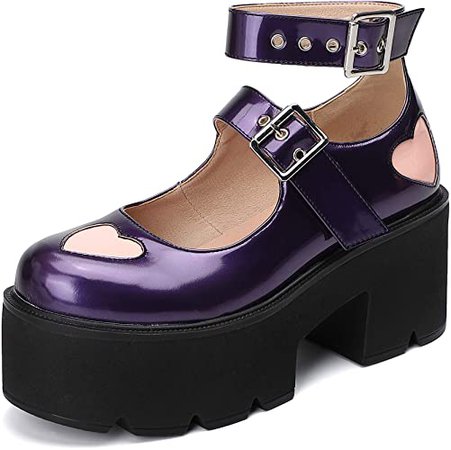 Amazon.com | MSKFZEK Platforms Shoes Goth for Women Mary Ankle Strap Heart Punk Platform Lolita Shoes Chunky Heel Thick Heel Pumps(Purple 6) | Shoes