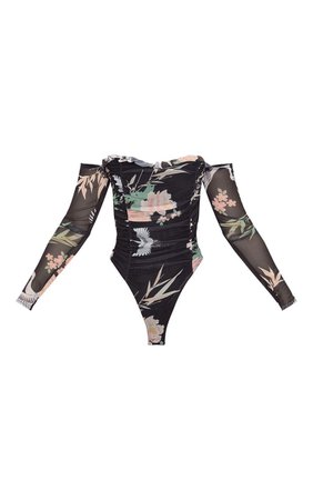 Black Oriental Printed Mesh Ruched Bardot Bodysuit | PrettyLittleThing