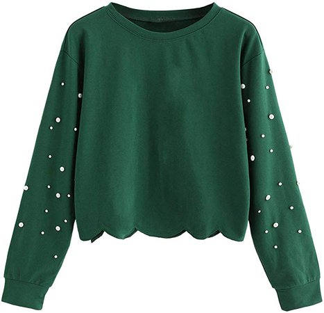 ROMWE Women's Casual Long Sleeve Scalloped Hem Crop Tops Sweatshirt at Amazon Women’s Clothing store