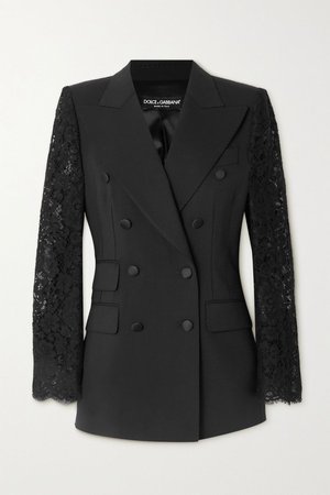 Black Double-breasted topstitched wool-blend and lace blazer | Dolce & Gabbana | NET-A-PORTER