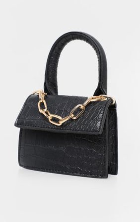 Black Croc Micro Mini Chain Grab Bag | PrettyLittleThing