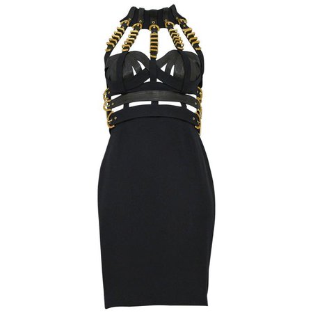 F/W '92 Rare Vintage Gianni Versace Couture Black Silk and Leather Bondage Dress For Sale at 1stdibs