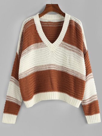[28% OFF] 2020 ZAFUL Colorblock V Neck Drop Shoulder Oversized Sweater In COFFEE | ZAFUL