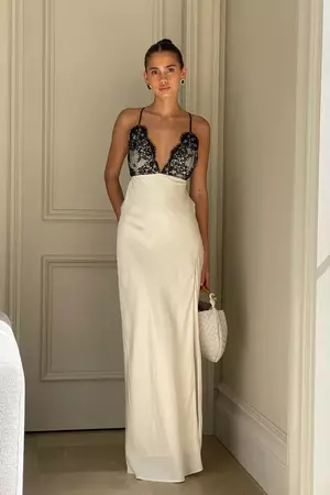 Gina Satin Slip Maxi Dress With Lace - Ivory - MESHKI U.S