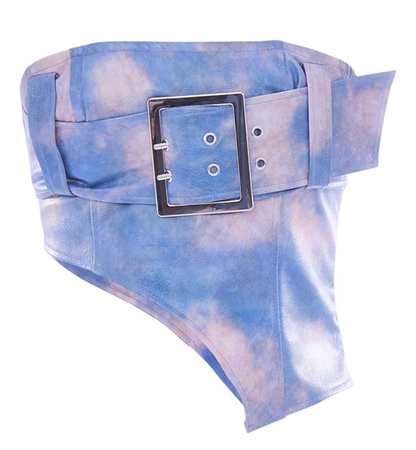 Blue Tie Dye PU Belt Detail Bandeau Asymmetric Hem Crop O) < Top