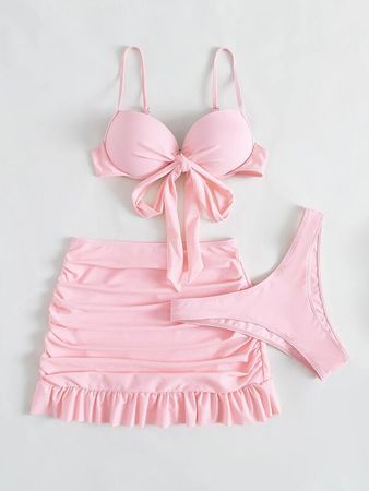 SHEIN MOD Solid Bikini Set Knot Front Push Up Bra & High Cut Bottom & Ruched Beach Skirt 3 Piece Bathing Suit | SHEIN USA