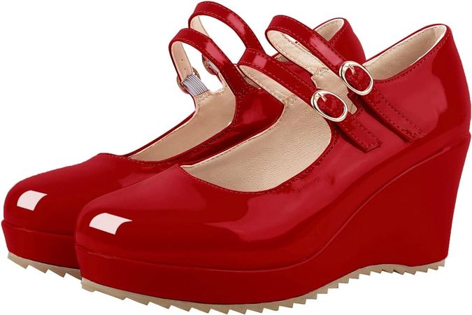 Amazon.com | Parisuit Womens Mary Jane Wedge Platform Shoes Patent Leather Ankle Strap Pumps Sweet Shoes | Pumps