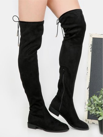 Flat Heel Thigh High Boots BLACK
