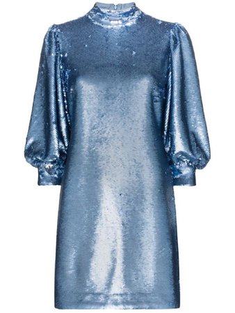 Ganni Blue sequin mini dress puff sleeves