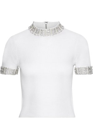 Alice and Olivia Embellished ribbed stretch-wool top