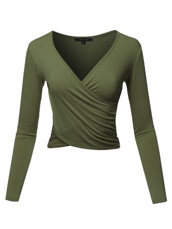 A2Y Women's Long Sleeve Deep V Neck Cross Wrap Crop Top T Shirts Olive M - Walmart.com
