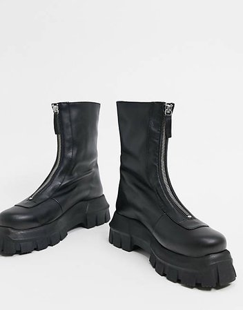 ASOS DESIGN Apricot premium leather chunky zip front boots in black | ASOS