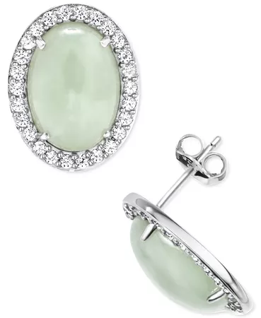 Macy's Green Jade & White Zircon (1 ct. t.w.) Oval Stud Earrings in Sterling Silver