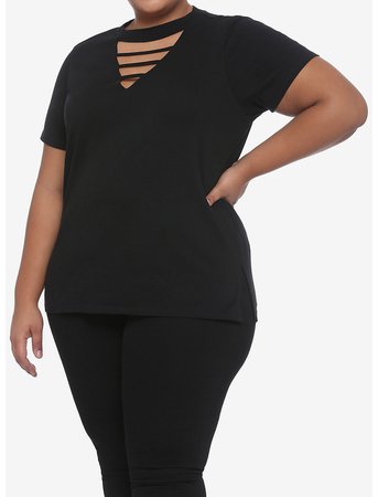 Black V-Cutout Strappy Girls T-Shirt Plus Size