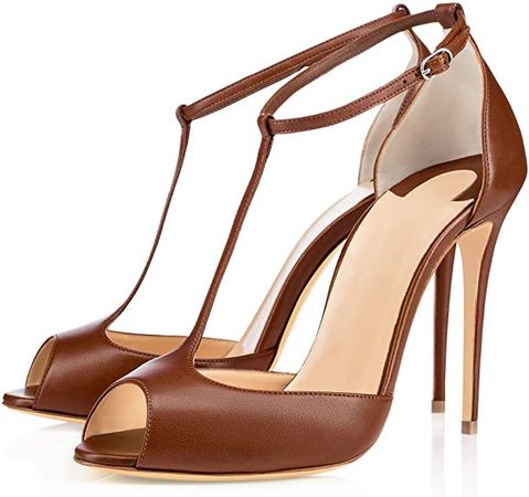 Amazon.com | Eldof Womens High Heel Sandals| Peep Toe T-Strap 10cm Pumps | Ankle Buckle Wedding Dress Shoes | Heeled Sandals