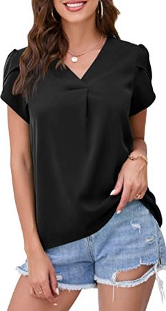 TASAMO Women's Casual Basic Cap Sleeve Tops Business Loose Chiffon Work Blouse (Medium, Black) at Amazon Women’s Clothing store