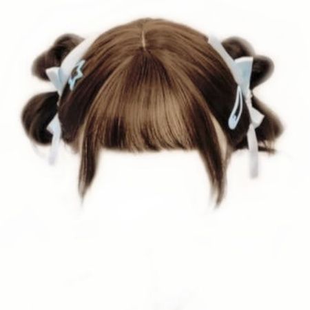 brown hair bangs space buns light blue bow