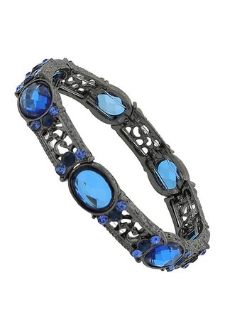1928 Jewelry Black Tone Blue Filigree Stretch Bracelet