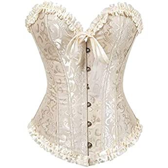 Women's Lacing Corset Top Satin Floral Boned Overbust Body Shaper Bustier Beige M : Clothing, Shoes & Jewelry