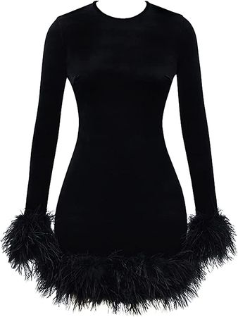 meilun Black Velvet Mini Dress with Feather Trim Long Sleeve Cocktail Dress for Women(Black,L) at Amazon Women’s Clothing store