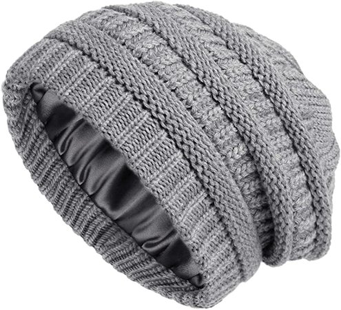 Winter Knit Beanie for Women Satin Lined Cable Thick Chunky Cap Mens Soft Slouchy Warm Hat Grey at Amazon Women’s Clothing store