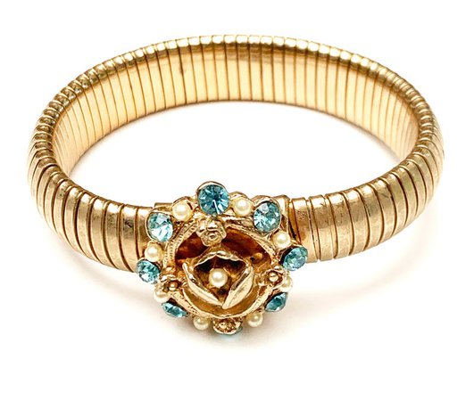 Flower expansion bracelet gold Blue crystal white pearl | Etsy
