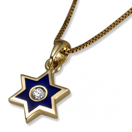 14K Yellow Gold Star of David Pendant with Blue Enamel and Diamond, Jewish & Israeli Jewelry | Judaica Web Store