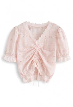 Drawstring Front Floral Embroidered Eyelet Crop Top in Light Pink - NEW ARRIVALS - Retro, Indie and Unique Fashion
