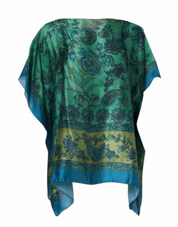 Blue and Green Floral Print Silk Poncho Top | Seventy | Halsbrook