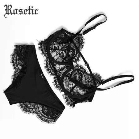 Rosetic Bra Sets Women Black Seamless Gothic Lace Gothic Tassel Hollow Wire Fashion Clothes Push Up Bra Short Goth Suit Sets