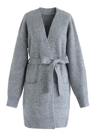 Belted Pockets Open Front Knit Cardigan in Grey - OUTERS - Retro, Indie and Unique Fashion