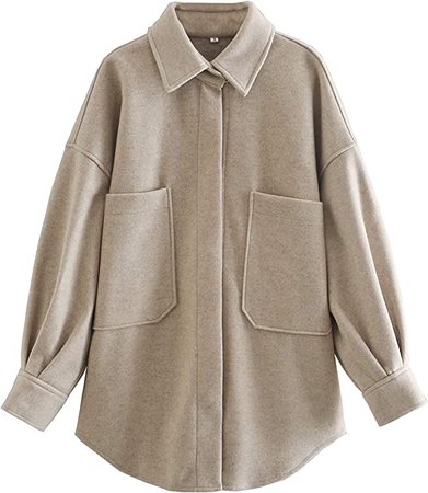 Qiaomai Womens Casual Wool Blend Lapel Snap Button Pocketed Midi Solid Shacket Coat（Apricot-S） at Amazon Women’s Clothing store