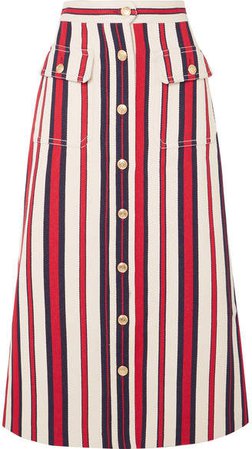 Striped Denim Midi Skirt - Red