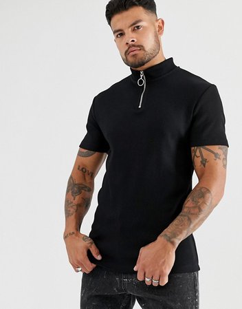 ASOS DESIGN skinny rib t-shirt with stretch and turtle zip neck in black | ASOS