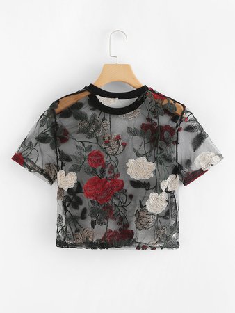 Sheer Mesh Floral Embroidered Crop Top