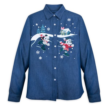 Mickey and Minnie Mouse Holiday Denim Shirt for Adults | shopDisney