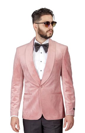 Azar Suits Slim Fit 1 Button Pink Pastel Velvet Shawl Dinner Jacket