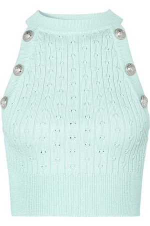 Balmain Button-embellished cropped ribbed pointelle-knit tank