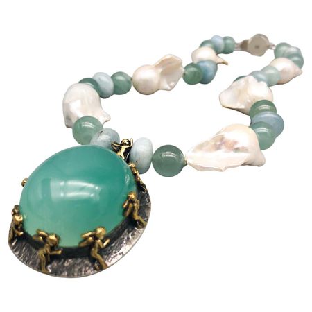 A.Jeschel Massive Aquamarine Pendant suspended from Baroque Pearl Necklace For Sale at 1stDibs