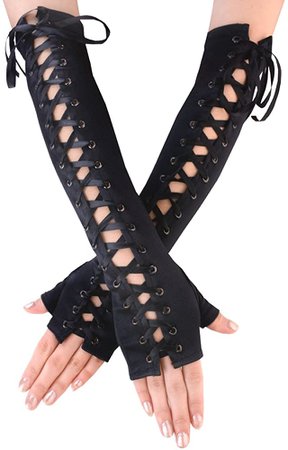 JISEN Womens Full Length Fingerless Lace Up Arm Warmer Satin Gloves Black at Amazon Women’s Clothing store