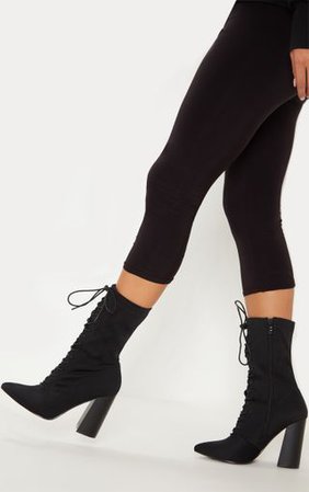 Black Block Heel Lace Up Lycra Sock Boot | PrettyLittleThing