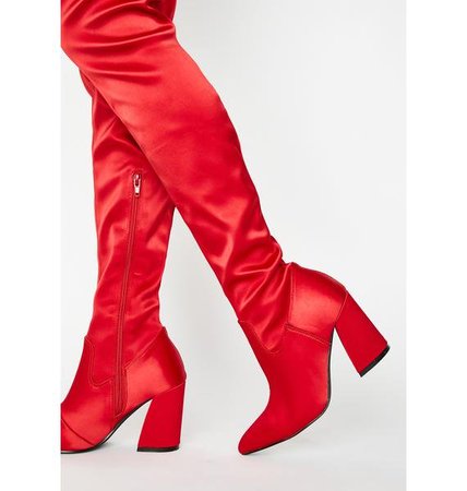Current Mood Red Satin Thigh High Boots | Dolls Kill