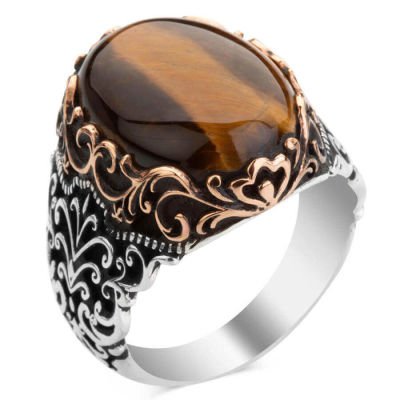 Brown Stone Silver Men's Ring with Symmetrically Ornamented Design