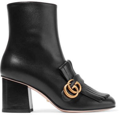 Marmont Fringed Logo-embellished Leather Ankle Boots - Black
